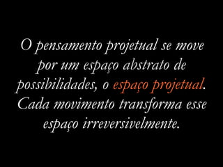 O pensamento projetual se move
por um espaço abstrato de
possibilidades, o espaço projetual.
Cada movimento transforma esse
espaço irreversivelmente.
 