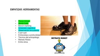 EMPATIZAR: HERRAMIENTAS
• Focus Group
• World Café
• Bench marking
• Inmersión cognitiva
• Observación encubierta
• 5 por qué
• Entrevistas a profundidad
• Técnica del antropólogo
• Retrato Robot
• Entre otros
 