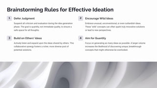 Brainstorming Rules for Effective Ideation
1 Defer Judgment
Suspend all criticism and evaluation during the idea generation
phase. The goal is quantity, not immediate quality, to ensure a
safe space for all thoughts.
2 Encourage Wild Ideas
Embrace unusual, unconventional, or even outlandish ideas.
These "wild" concepts can often spark truly innovative solutions
or lead to new perspectives.
3 Build on Others' Ideas
Actively listen and expand upon the ideas shared by others. This
collaborative synergy fosters a richer, more diverse pool of
potential solutions.
4 Aim for Quantity
Focus on generating as many ideas as possible. A larger volume
increases the likelihood of discovering unique, breakthrough
concepts that might otherwise be overlooked.
 