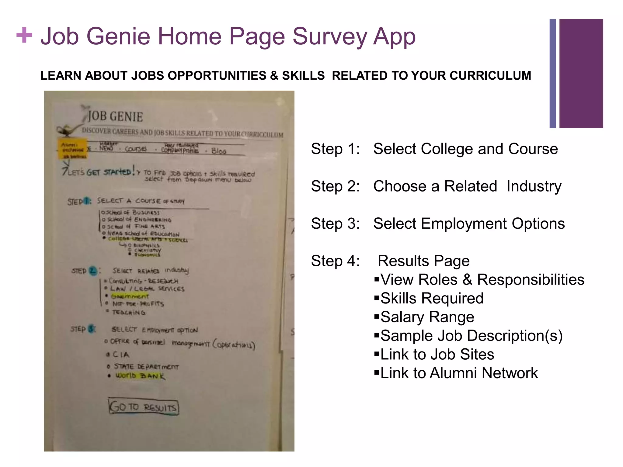 + Job Genie Home Page Survey App
LEARN ABOUT JOBS OPPORTUNITIES & SKILLS RELATED TO YOUR CURRICULUM
Step 1: Select College and Course
Step 2: Choose a Related Industry
Step 3: Select Employment Options
Step 4: Results Page
View Roles & Responsibilities
Skills Required
Salary Range
Sample Job Description(s)
Link to Job Sites
Link to Alumni Network
 
