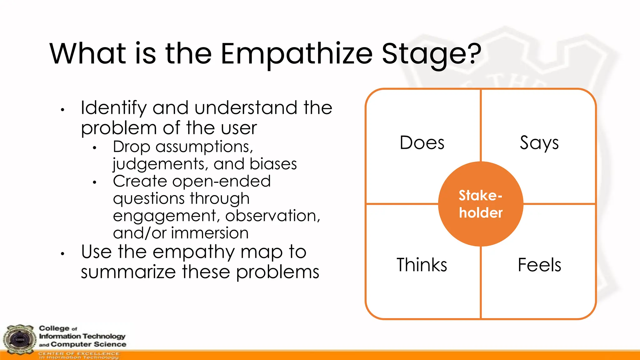 What is the Empathize Stage?
• Identify and understand the
problem of the user
• Drop assumptions,
judgements, and biases
• Create open-ended
questions through
engagement, observation,
and/or immersion
• Use the empathy map to
summarize these problems
Stake-
holder
Does Says
Thinks Feels
 