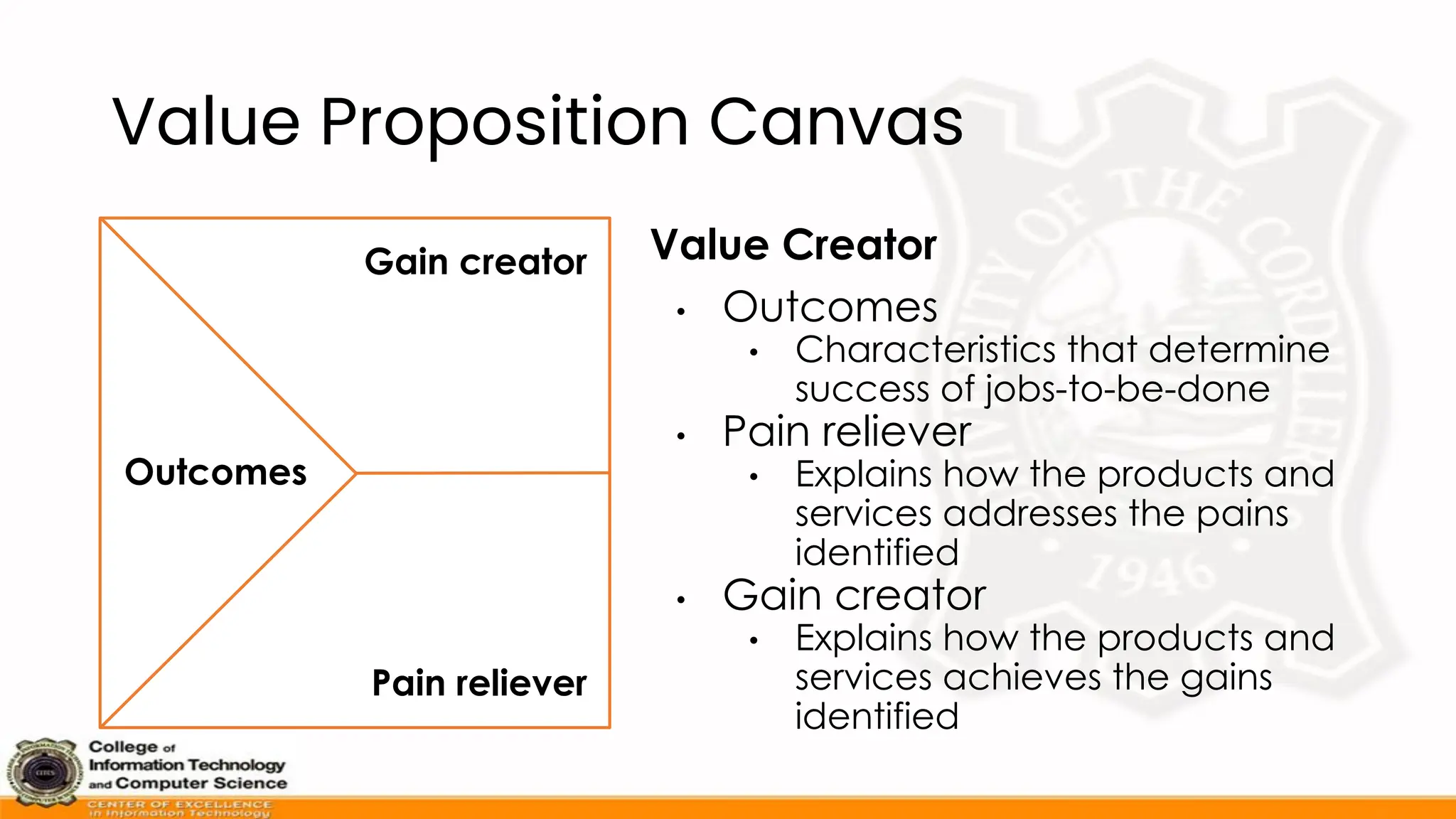 Value Proposition Canvas
Value Creator
• Outcomes
• Characteristics that determine
success of jobs-to-be-done
• Pain reliever
• Explains how the products and
services addresses the pains
identified
• Gain creator
• Explains how the products and
services achieves the gains
identified
Outcomes
Pain reliever
Gain creator
 