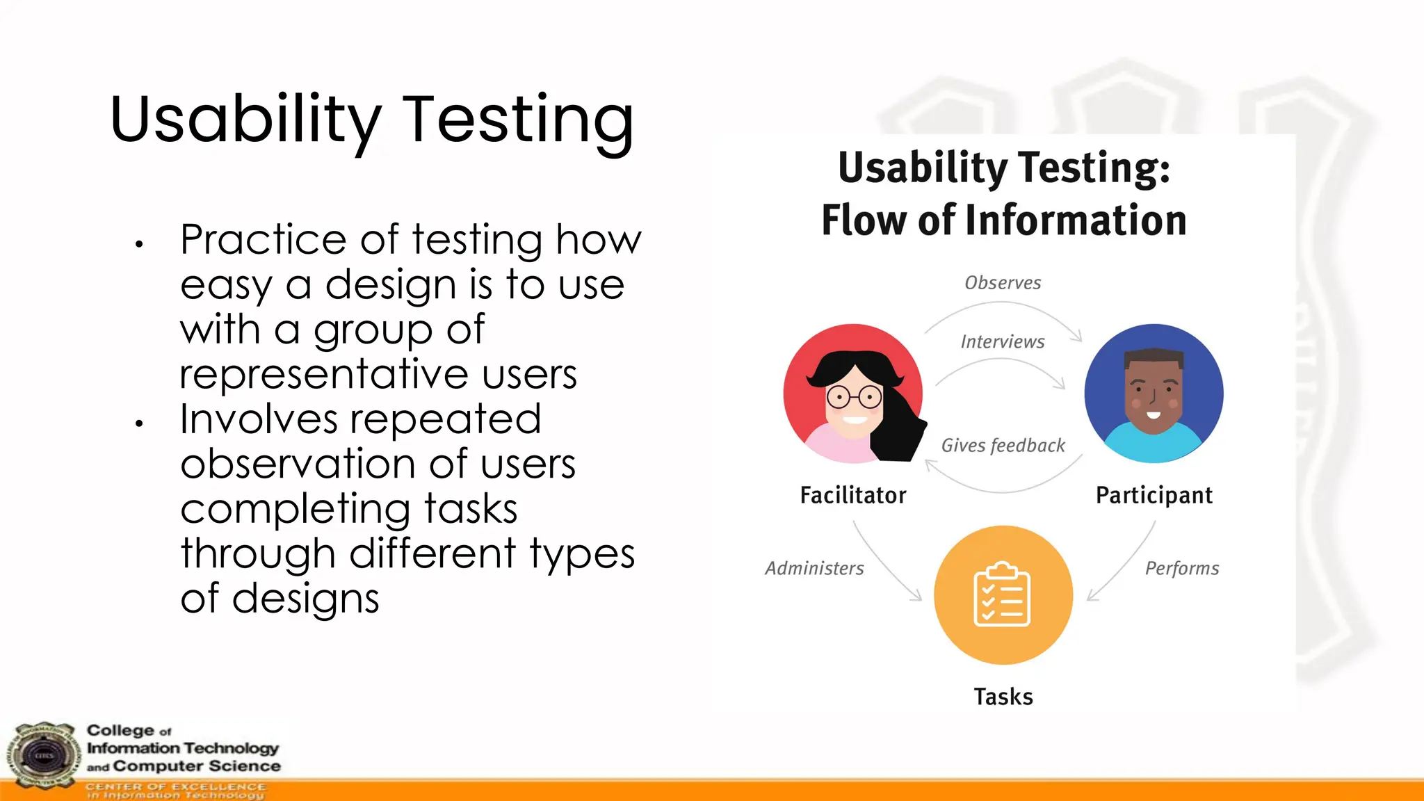 Usability Testing
• Practice of testing how
easy a design is to use
with a group of
representative users
• Involves repeated
observation of users
completing tasks
through different types
of designs
 