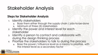 Stakeholder Analysis
Steps for Stakeholder Analysis
1. Identify stakeholders
a. Base them either through the supply chain / jobs-to-be-done
b. Minimum of three (3) stakeholders
2. Identify the power and interest level for each
stakeholder
3. Identify a person to contact and collaborate with
during the design thinking process
4. Prioritize the stakeholders to talk to during the process
a. Base the power / influence level as a means to prioritize, with
the interest level as a secondary factor
 
