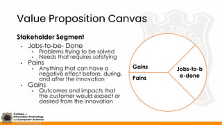Value Proposition Canvas
Stakeholder Segment
• Jobs-to-be- Done
• Problems trying to be solved
• Needs that requires satisfying
• Pains
• Anything that can have a
negative effect before, during,
and after the innovation
• Gains
• Outcomes and impacts that
the customer would expect or
desired from the innovation
Jobs-to-b
e-done
Pains
Gains
 