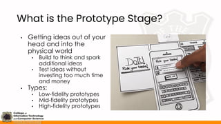 What is the Prototype Stage?
• Getting ideas out of your
head and into the
physical world
• Build to think and spark
additional ideas
• Test ideas without
investing too much time
and money
• Types:
• Low-fidelity prototypes
• Mid-fidelity prototypes
• High-fidelity prototypes
 