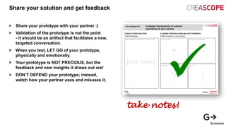 Share your solution and get feedback
> Share your prototype with your partner :)
> Validation of the prototype is not the point
- it should be an artifact that facilitates a new,
targeted conversation.
> When you test, LET GO of your prototype,
physically and emotionally.
> Your prototype is NOT PRECIOUS, but the
feedback and new insights it draws out are!
> DON’T DEFEND your prototype; instead,
watch how your partner uses and misuses it.
take notes!
 