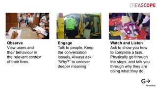 Observe
View users and
their behaviour in
the relevant context
of their lives.
Engage
Talk to people. Keep
the conversation
loosely. Always ask
“Why?” to uncover
deeper meaning
Watch and Listen
Ask to show you how
to complete a task.
Physically go through
the steps, and talk you
through why they are
doing what they do.
 