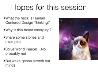 Hopes for this session
•What the heck is Human
Centered Design Thinking?
•Why is this beast emerging?
•Share some stories and
examples
•Solve World Peace!…No
probably not
•But we’re gonna stretch our
minds
 