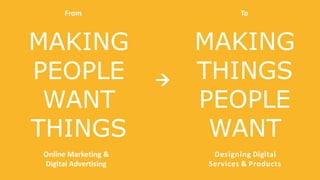 MAKING
PEOPLE
WANT
THINGS
MAKING
THINGS
PEOPLE
WANT
From To
→
Online Marketing &
Digital Advertising
Designing Digital
Ser...