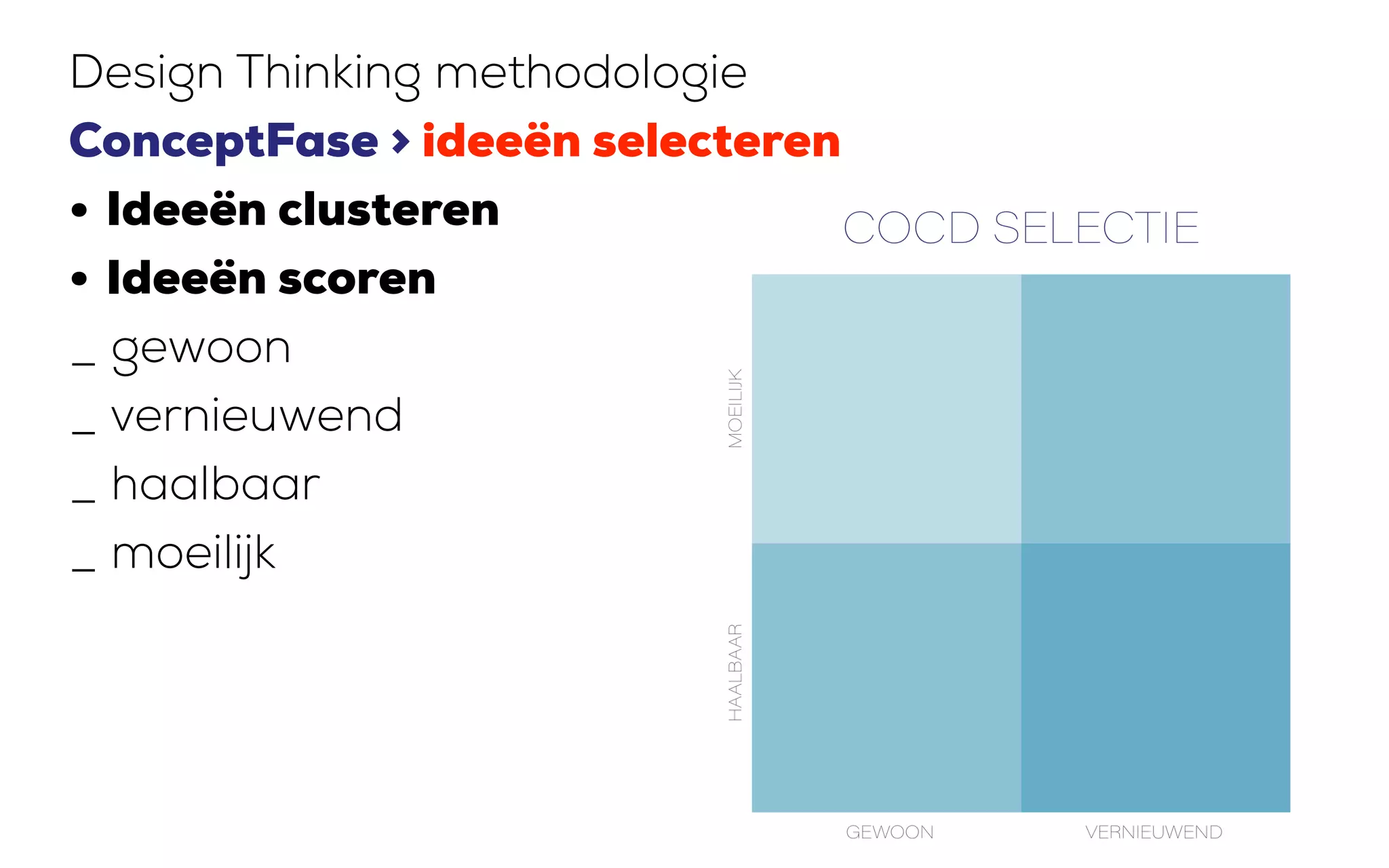 Design Thinking methodologie
ConceptFase > ideeën selecteren
• Ideeën clusteren
• Ideeën scoren
_ gewoon
_ vernieuwend
_ haalbaar
_ moeilijk
 
