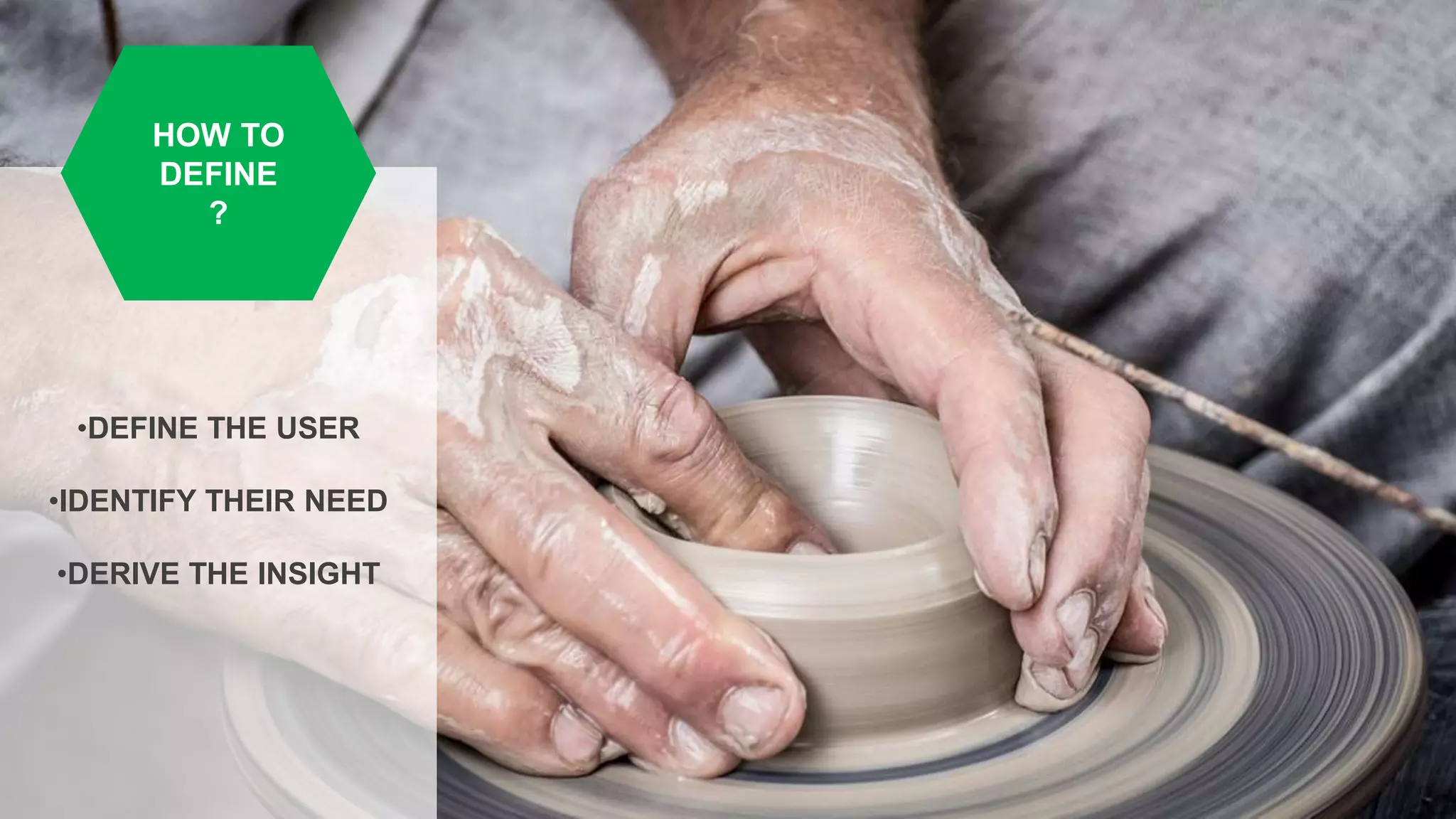 •DEFINE THE USER
•IDENTIFY THEIR NEED
•DERIVE THE INSIGHT
HOW TO
DEFINE
?
 