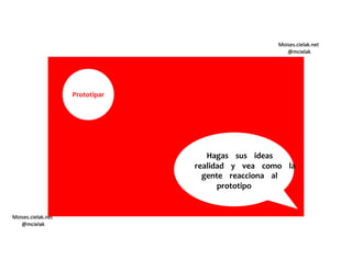 Moises.cielak.net
@mcielak
Moises.cielak.net
@mcielak
Prototipar
Hagas sus ideas
realidad y vea como la
gente reacciona al
prototipo
 
