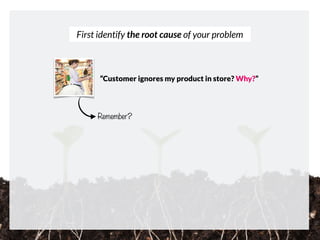 Remember?
First identify the root cause of your problem
“Customer ignores my product in store? Why?”
 