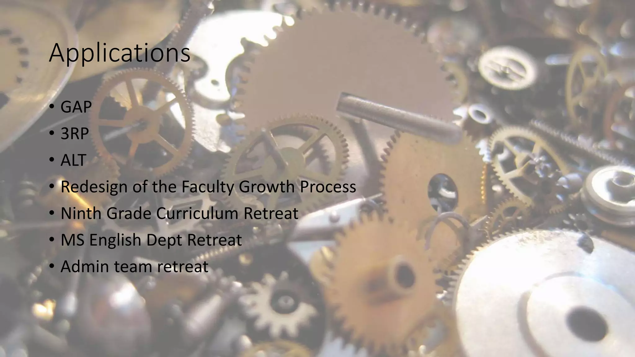 Applications
• GAP
• 3RP
• ALT
• Redesign of the Faculty Growth Process
• Ninth Grade Curriculum Retreat
• MS English Dept Retreat
• Admin team retreat
 