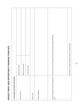 93
PROJECTBRIEFANDOPPORTUNITYFRAMINGTEMPLATE
A.CHALLENGEORPROBLEMDEFINITION
ProjectSponsor
OrganizationName
AddressandContact
ContactPerson(s)
ProjectTitle
DesignChallenge
DesignChallengeContextandBackground
Info
WhataretheissuesandopportunitiesthatinspiredthisDesignChallenge
WhydoesthisDesignChallengemattertotheorganization
 