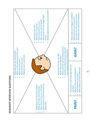 99
GENERATEINTERVIEWQUESTIONS
•	Whatdoestheuserthink&feel?
•	Whatisreallyimportanttotheuser?
•	Whatdrivestheuser?
•	Whatworriestheuser?
•	Whatareuser’saspirations
•	Whatdoesuserhearfromothers?
•	Whatdofriendsandfamilysay?
•	Whoinfluencetheuserandhow?
•	Whatcommunicationchannelsare
influential>
•	Whatdoesusersee?
•	Whatdoesitlooklike?
•	Whosurroundstheuser?
•	Whoaretheuser/sfriends?
•	Whatmakestheuserhappy?Sad?
Proud?
•	Whatproblemdoestheuserencounter?
•	Whatdoestheusersay?Do?
•	Whatistheuserattitude?
•	Whatcouldtheuserbetellingothers?
•	Arethereconflictsbetweenwhatthe
usersay/doandtrulythink&feel?
PAIN?
•	Whatbarrierandchallengesdoesthe
userface?
•	Whataretheuser’sfrustrations?
•	Whatobstaclesarethere?
•	Whatmakesuserfeelindifferent?
GAIN?
•	Whatmakesuserhappyorsatisfied?
•	Whatdoestheusertrulywant?
•	Howdoestheusermeasurevalue?
•	Whatgivesuserpassion/motivation?
 