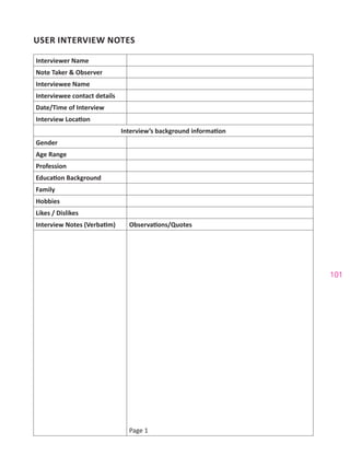 101
USER INTERVIEW NOTES
Interviewer Name
Note Taker & Observer
Interviewee Name
Interviewee contact details
Date/Time of Interview
Interview Location
Interview’s background information
Gender
Age Range
Profession
Education Background
Family
Hobbies
Likes / Dislikes
Interview Notes (Verbatim) Observations/Quotes
Page 1
 
