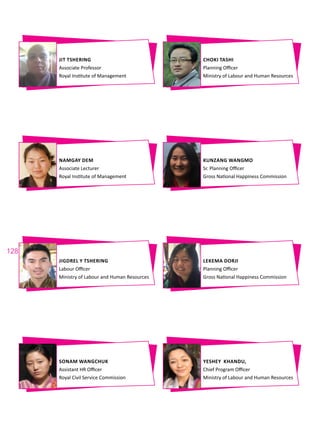 128
JIT TSHERING
Associate Professor
Royal Institute of Management
JIGDREL Y TSHERING
Labour Officer
Ministry of Labour and Human Resources
NAMGAY DEM
Associate Lecturer
Royal Institute of Management
SONAM WANGCHUK
Assistant HR Officer
Royal Civil Service Commission
CHOKI TASHI
Planning Officer
Ministry of Labour and Human Resources
LEKEMA DORJI
Planning Officer
Gross National Happiness Commission
KUNZANG WANGMO
Sr. Planning Officer
Gross National Happiness Commission
YESHEY KHANDU,
Chief Program Officer
Ministry of Labour and Human Resources
 