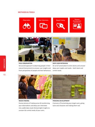 EMPATHISE
18
METHODS & TOOLS
FIELD OBSERVATION
Structured approach to observing people in their
natural Environment to uncover user insights and
fresh perspectives of people and their behaviours.
DEEP USER INTERVIEW
An art of conversation to elicit stories and uncover
deep user insights and needs – both latent and
unmet needs.
NEEDS FINDING
Human process of making sense & transforming
your observations and deep user interviews
into usable data cluster &meaningful insights to
uncover the unmet needs of your users.
PERSONA DEVELOPMENT
A process of humanising your target users, giving
voice and character and making them real.
 
