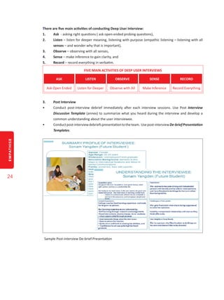 EMPATHISE
24
There are five main activities of conducting Deep User Interview:
1.	 Ask - asking right questions ( ask open-ended probing questions),
2.	 Listen – listen for deeper meaning, listening with purpose (empathic listening – listening with all
senses – and wonder why that is important),
3.	 Observe – observing with all senses,
4.	 Sense – make inference to gain clarity, and
5.	 Record – record everything in verbatim.
FIVE MAIN ACTIVITIES OF DEEP USER INTERVIEWS
ASK LISTEN OBSERVE SENSE RECORD
Ask Open Ended Listen for Deeper Observe with All Make Inference Record Everything
3.	 Post Interview
•	 Conduct post-interview debrief immediately after each interview sessions. Use Post Interview
Discussion Template (annex) to summarize what you heard during the interview and develop a
common understanding about the user interviewee.
•	 Conductpost-interviewdebriefspresentationtotheteam. Usepost-interviewDe-briefPresentation
Templates.
Sample Post-interview De-brief Presentation
 