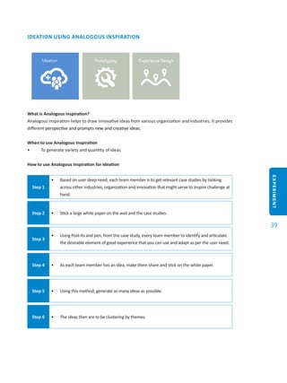 EXPERIMENT
39
IDEATION USING ANALOGOUS INSPIRATION
What is Analogous Inspiration?
Analogous inspiration helps to draw innovative ideas from various organization and industries. It provides
different perspective and prompts new and creative ideas.
When to use Analogous Inspiration
•	 To generate variety and quantity of ideas
How to use Analogous Inspiration for Ideation
Step 1
•	 Based on user deep need, each team member is to get relevant case studies by looking
across other industries, organization and innovation that might serve to inspire challenge at
hand.
Step 2 •	 Stick a large white paper on the wall and the case studies.
Step 3
•	 Using Post-its and pen, from the case study, every team member to identify and articulate
the desirable element of good experience that you can use and adapt as per the user need.
Step 4 •	 As each team member has an idea, make them share and stick on the white paper.
Step 5 •	 Using this method, generate as many ideas as possible.
Step 6 •	 The ideas then are to be clustering by themes.
 