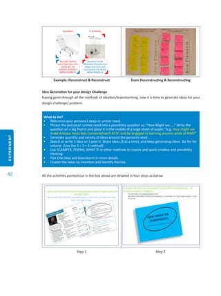 EXPERIMENT
42
Example: Deconstruct & Reconstruct Team Deconstructing & Reconstructing
Idea Generation for your Design Challenge
Having gone through all the methods of ideation/brainstorming, now it is time to generate ideas for your
design challenge/ problem.
What to Do?
•	 Reference your persona’s deep or unmet need.
•	 Phrase the personas’ unmet need into a possibility question as: “How Might we.....” Write the
question on a big Post-it and place it in the middle of a large sheet of paper: “e.g. How might we
make Anxious Andu feel Connected with RCSC and be Engaged in learning process while at RIM?”
•	 Generate quantity and variety of ideas around the person’s need.
•	 Sketch or write 1 idea on 1 post-it. Share ideas (1 at a time), and keep generating ideas. Go for for
volume. (Use the 3 + 3 + 4 method)
•	 Use SCAMPER, POEMS, WHAT IF or other methods to inspire and spark creative and possibility
thinking.
•	 Pick One Idea and brainstorm in more details.
•	 Cluster the ideas by intention and identify themes.
All the activities pointed out in the box above are detailed in four steps as below:
Step 1 Step 2
 