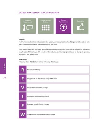 EVOLVE
70
CHANGE MANAGEMENT TOOL USING REVIEW
Purpose
For the new solution to be integrated in the system, some organizational shift (big or small) needs to take
place. This requires Change Management skills and tools.
From many, REVIEW is one tool, which has people centric process, tools and techniques for managing
people side of the change. It’s a method for reducing and managing resistance to change in process,
technology and organization.
How to use?
Following steps (REVIEW) are critical in leading the change:
R Reasons for Change
E Engage staff on the change using MARS tool
V Visualize the vision for Change
I Initiate the Implementation Plan
E
Empower people for the change
W Quick Wins to motivate people to change
 