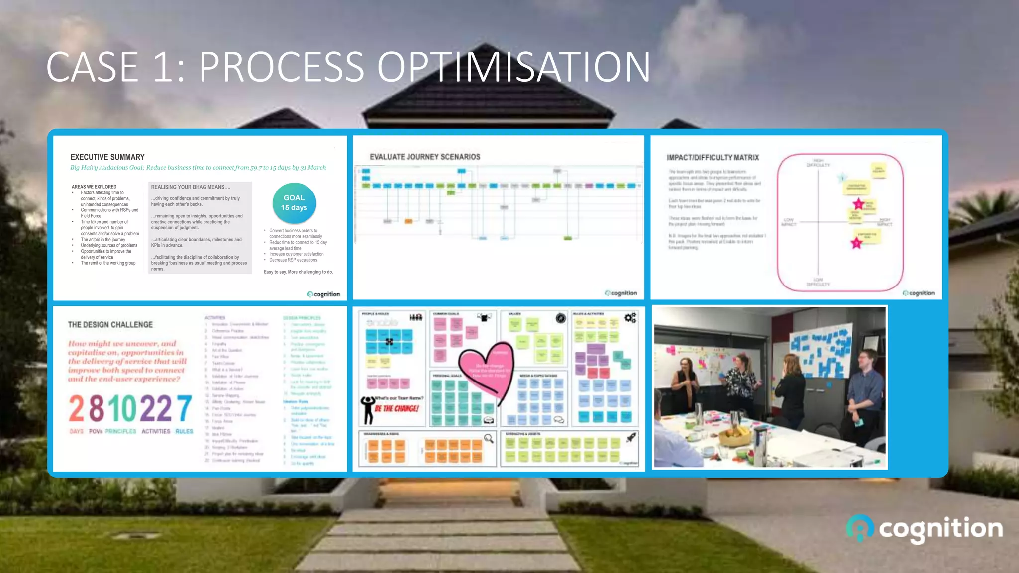 CASE 1: PROCESS OPTIMISATION
EXECUTIVE SUMMARY
​ Big Hairy Audacious Goal: Reduce business time to connect from 59.7 to 15 days by 31 March
REALISING YOUR BHAG MEANS….
…driving confidence and commitment by truly
having each other’s backs.
…remaining open to insights, opportunities and
creative connections while practicing the
suspension of judgment.
…articulating clear boundaries, milestones and
KPIs in advance.
…facilitating the discipline of collaboration by
breaking ‘business as usual’ meeting and process
norms.
AREAS WE EXPLORED
• Factors affecting time to
connect, kinds of problems,
unintended consequences
• Communications with RSPs and
Field Force
• Time taken and number of
people involved to gain
consents and/or solve a problem
• The actors in the journey
• Underlying sources of problems
• Opportunities to improve the
delivery of service
• The remit of the working group
• Convert business orders to
connections more seamlessly
• Reduc time to connect to 15 day
average lead time
• Increase customer satisfaction
• Decrease RSP escalations
Easy to say. More challenging to do.
GOAL
15 days
 
