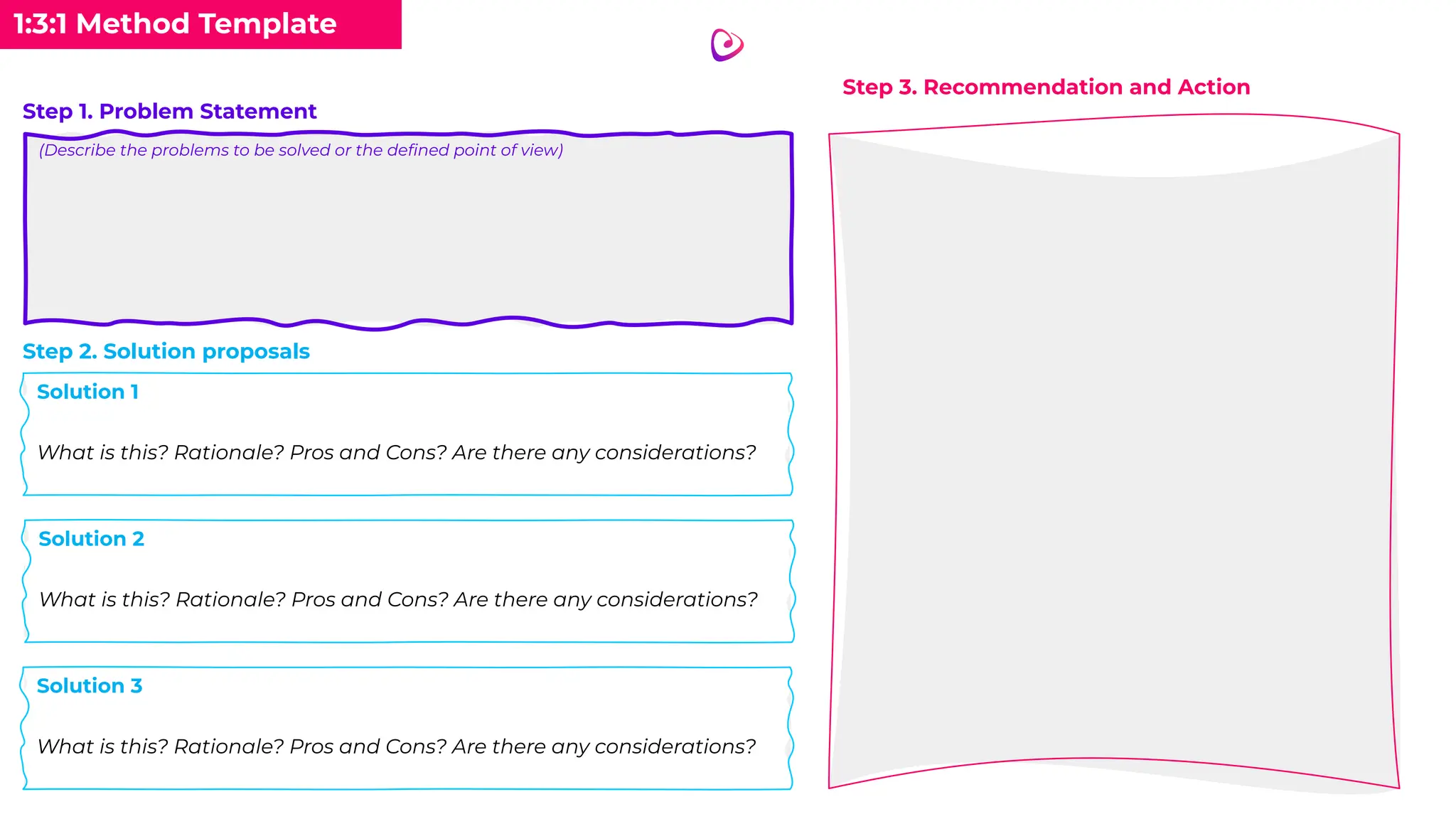 1:3:1 Method Template
Step 1. Problem Statement
Step 2. Solution proposals
Solution 1
What is this? Rationale? Pros and Cons? Are there any considerations?
Solution 2
What is this? Rationale? Pros and Cons? Are there any considerations?
Solution 3
What is this? Rationale? Pros and Cons? Are there any considerations?
Step 3. Recommendation and Action
(Describe the problems to be solved or the deﬁned point of view)
Solution 1
What is this? Rationale? Pros and Cons? Are there any considerations?
Solution 2
What is this? Rationale? Pros and Cons? Are there any considerations?
Solution 3
What is this? Rationale? Pros and Cons? Are there any considerations?
 