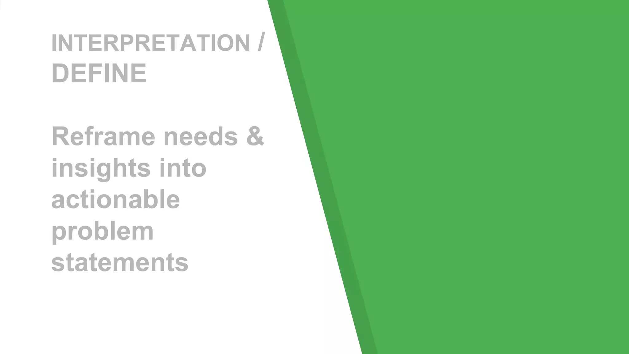 INTERPRETATION /
DEFINE
Reframe needs &
insights into
actionable
problem
statements
 
