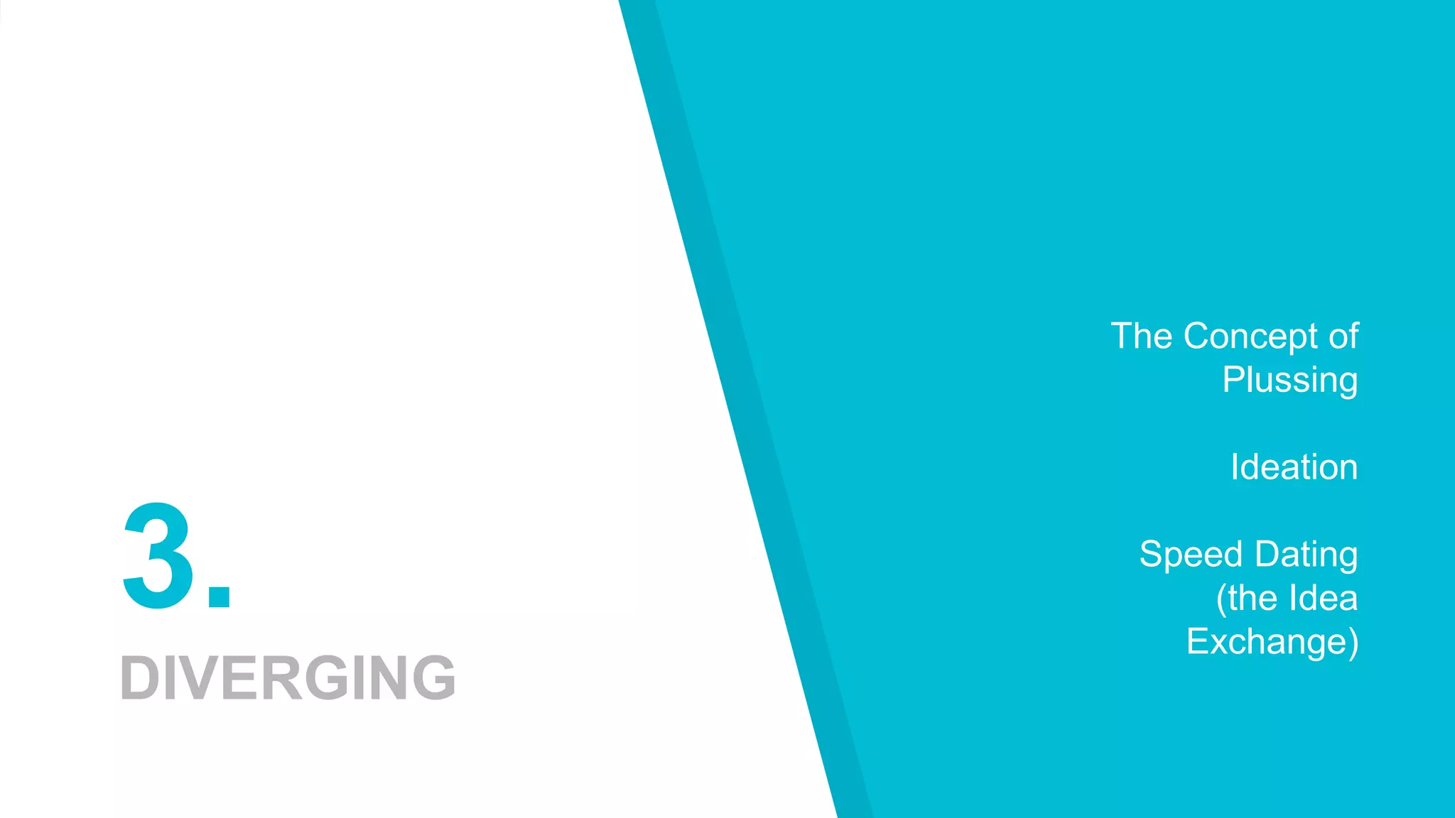 3.
DIVERGING
The Concept of
Plussing
Ideation
Speed Dating
(the Idea
Exchange)
 