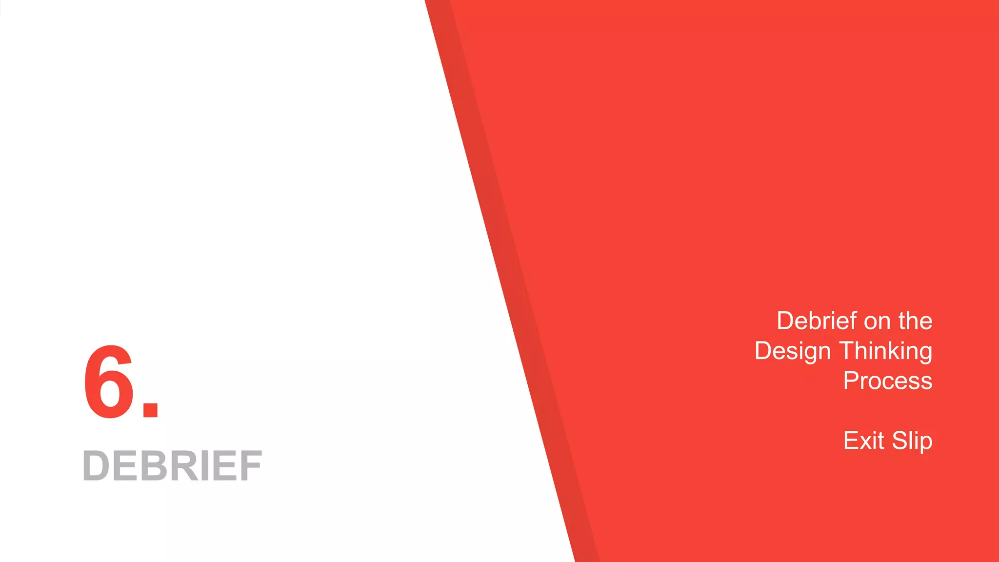 6.
DEBRIEF
Debrief on the
Design Thinking
Process
Exit Slip
 