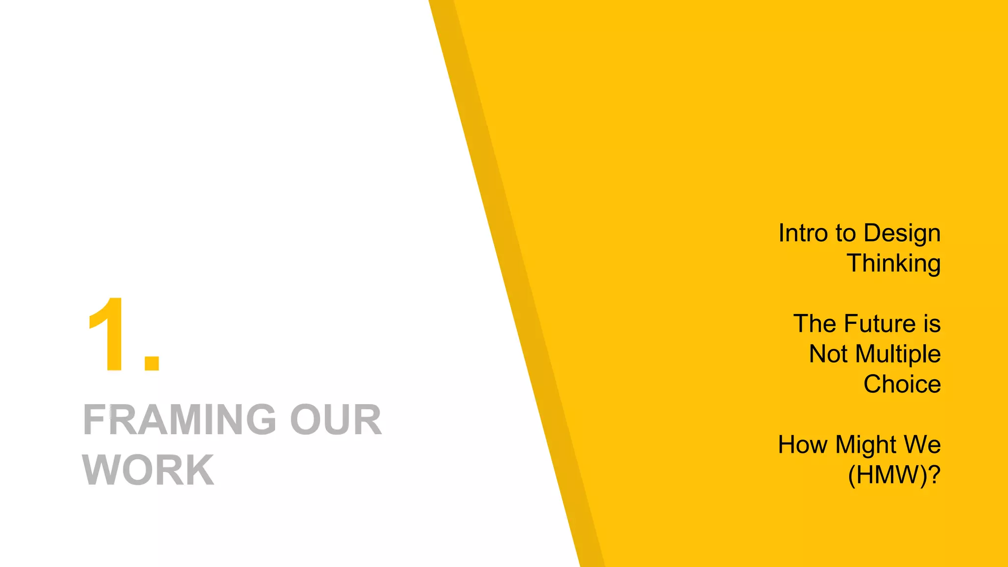 1.
FRAMING OUR
WORK
Intro to Design
Thinking
The Future is
Not Multiple
Choice
How Might We
(HMW)?
 