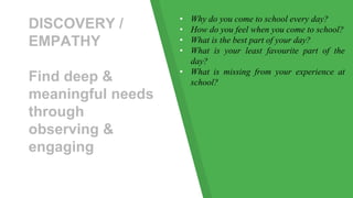 DISCOVERY /
EMPATHY
Find deep &
meaningful needs
through
observing &
engaging
• Why do you come to school every day?
• How do you feel when you come to school?
• What is the best part of your day?
• What is your least favourite part of the
day?
• What is missing from your experience at
school?
 