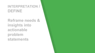 INTERPRETATION /
DEFINE
Reframe needs &
insights into
actionable
problem
statements
 