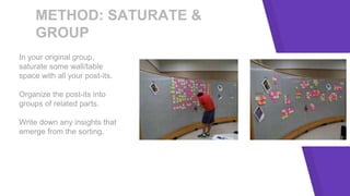 METHOD: SATURATE &
GROUP
In your original group,
saturate some wall/table
space with all your post-its.
Organize the post-its into
groups of related parts.
Write down any insights that
emerge from the sorting.
 