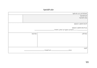 120
‫الشخ‬ ‫ملف‬
‫صية‬
:‫مالحظتها‬ ‫تمت‬ ‫التي‬ ‫المشكلة‬
:‫الشخصية‬ ‫اسم‬
:‫الشخصية‬ ‫وصف‬
:‫تحقيقها‬ ‫المطلوب‬ ‫االعمال‬
:‫تحقيقها‬ ‫المطلوب‬ ‫االعمال‬ ‫بيان‬
______
‫تحقيق‬ ‫الى‬ ‫تحتاج‬
/
‫حل‬
/
‫تفادي‬
/
)‫امتالك‬
.
‫الرضا‬ ‫نقاط‬
: :‫األلم‬ ‫نقاط‬
:‫الفرص‬
‫عندما‬
‫لـ‬ ‫الفرصة‬ ‫لدينا‬
.
 