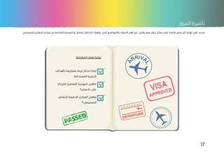 17
‫المرور‬ ‫تأشيرة‬
‫ستجد‬
‫والمواض‬ ‫االدوات‬ ‫اهم‬ ‫تبرز‬ ‫والتي‬ ‫سفر‬ ‫جواز‬ ‫شكل‬ ‫على‬ ‫قائمة‬ ‫فصل‬ ‫كل‬ ‫نهاية‬ ‫في‬
‫ي‬
‫التفكير‬ ‫مراحل‬ ‫من‬ ‫القادمة‬ ‫المرحلة‬ ‫او‬ ‫للفصل‬ ‫لالنتقال‬ ‫تؤهلك‬ ‫التي‬ ‫ع‬
.‫التصميمي‬
:‫المقدمة‬ ‫فصل‬ ‫نهاية‬
‫بأهداف‬ ‫مشاريعنا‬ ‫لربط‬ ‫نحتاج‬ ‫لماذا‬
.‫المستدامة‬ ‫التنمية‬
‫التصميم‬ ‫منهجية‬ ‫ماهي‬
‫المرتكز‬
‫االنسان؟‬ ‫على‬
‫للتفكير‬ ‫الخمسة‬ ‫المراحل‬ ‫ماهي‬
‫التصميمي؟‬
 