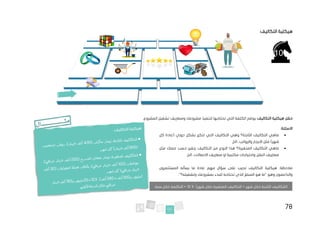 78
‫التكاليف‬ ‫هيكلية‬
‫التكاليف‬ ‫هيكلية‬ ‫حقل‬
.‫المشروع‬ ‫تشغيل‬ ‫ومصاريف‬ ‫مشروعك‬ ‫لتنفيذ‬ ‫تحتاجها‬ ‫التي‬ ‫الكلفة‬ ‫يوضح‬
‫االسئلة‬
:
•
‫ماهي‬
‫التكاليف‬
‫وهي‬ ‫الثابتة؟‬
‫التكاليف‬
‫كل‬ ‫(عادة‬ ‫دوري‬ ‫بشكل‬ ‫تتكرر‬ ‫التي‬
)‫شهر‬
.‫الخ‬...‫والرواتب‬ ‫االيجار‬ ‫مثل‬
•
‫ماهي‬
‫التكاليف‬
‫من‬ ‫النوع‬ ‫هذا‬ ‫المتغيرة؟‬
‫التكاليف‬
‫مثل‬ ‫عملك‬ ‫حسب‬ ‫يتغير‬
‫النقل‬ ‫مصاريف‬
.‫الخ‬...‫االتصاالت‬ ‫مصاريف‬ ‫او‬ ‫مكتبية‬ ‫واحتياجات‬
‫المستثمرون‬ ‫يسأله‬ ‫ما‬ ‫عادة‬ ‫مهم‬ ‫سؤال‬ ‫على‬ ‫تجيب‬ ‫التكاليف‬ ‫هيكلية‬ :‫مالحظة‬
‫تح‬ ‫الذي‬ ‫المبلغ‬ ‫هو‬ ‫"ما‬ ‫وهو‬ ‫والداعمون‬
."‫وتشغيله؟‬ ‫بمشروعك‬ ‫للبدء‬ ‫تاجه‬
)‫شهر‬ ‫خالل‬ ‫المتغيرة‬ ‫التكاليف‬ + ‫شهر‬ ‫خالل‬ ‫الثابتة‬ ‫(التكاليف‬
X
12
‫التكلفة‬ =
.‫سنة‬ ‫خالل‬
 