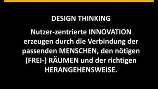 DESIGN THINKING
                        Nutzer-zentrierte INNOVATION
                     erzeugen durch die Verbindung der
                     passenden MENSCHEN, den nötigen
                      (FREI-) RÄUMEN und der richtigen
                            HERANGEHENSWEISE.
© 2013 SAP AG. All rights reserved.                     © SAP
                                                        Public   201216 16
                                                                      |
 