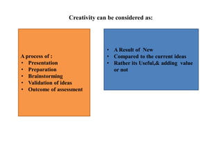 Creativity can be considered as:
• A Result of New
• Compared to the current ideas
• Rather its Useful,& adding value
or not
A process of :
• Presentation
• Preparation
• Brainstorming
• Validation of ideas
• Outcome of assessment
 