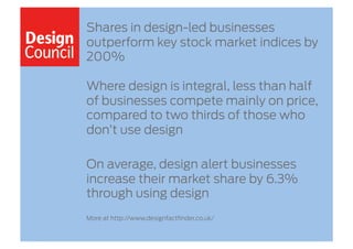 Shares in design-led businesses
outperform key stock market indices by
200%

Where design is integral, less than half
of businesses compete mainly on price,
compared to two thirds of those who
don’t use design

On average, design alert businesses
increase their market share by 6.3%
through using design
More at http://www.designfactﬁnder.co.uk/
 