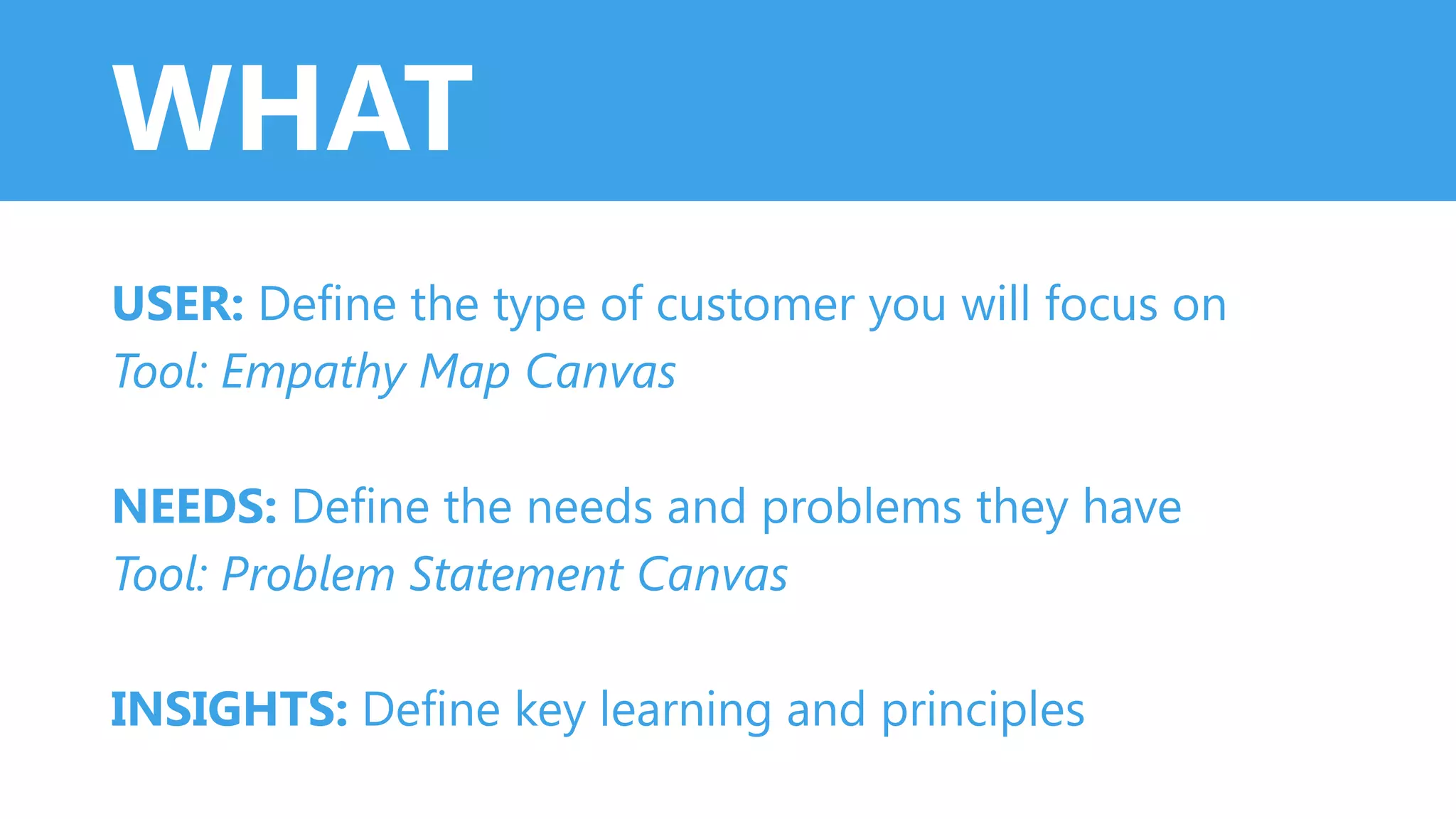 WHAT
USER: Define the type of customer you will focus on
Tool: Empathy Map Canvas
NEEDS: Define the needs and problems they have
Tool: Problem Statement Canvas
INSIGHTS: Define key learning and principles
 