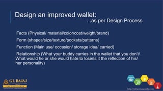 Design an improved wallet:
...as per Design Process
Facts (Physical/ material/color/cost/weight/brand)
Form (shapes/size/texture/pockets/patterns)
Function (Main use/ occasion/ storage idea/ carried)
Relationship (What your buddy carries in the wallet that you don’t/
What would he or she would hate to lose/Is it the reflection of his/
her personality)
 