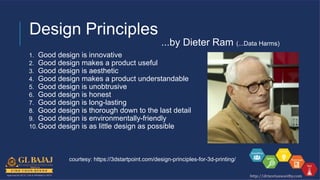 Design Principles
...by Dieter Ram (...Data Harms)
1. Good design is innovative
2. Good design makes a product useful
3. Good design is aesthetic
4. Good design makes a product understandable
5. Good design is unobtrusive
6. Good design is honest
7. Good design is long-lasting
8. Good design is thorough down to the last detail
9. Good design is environmentally-friendly
10.Good design is as little design as possible
courtesy: https://3dstartpoint.com/design-principles-for-3d-printing/
 