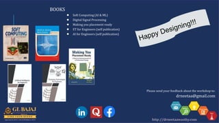 drneetaa@gmail.com
BOOKS
● Soft Computing (AI & ML)
● Digital Signal Processing
● Making you placement ready
● ET for Engineers (self publication)
● AI for Engineers (self publication)
Please send your feedback about the workshop to:
 