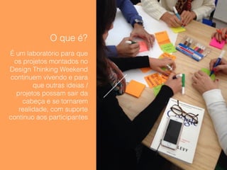 Tem sido uma JORNADA 
incrível, nosso O laboratório que é? 
de 
co-criação está a todo vapor 
navegando na complexidade 
É um laboratório para que 
os projetos montados no 
Design Thinking Weekend 
continuem vivendo e para 
das possibilidades :) 
todas as 3as e 5as 
das 15-18hs e 19-22hs 
que outras ideias / 
projetos possam sair da 
cabeça e se tornarem 
realidade, com suporte 
Rua Laboriosa, 89 
Vila Madalena 
continuo aos participantes 
Transmissão via web - quebra de 
barreiras físicas e geográficas 
 