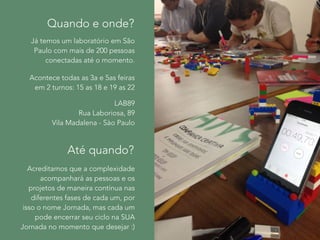 Quando e onde? 
Quando e onde? 
Já temos um laboratório em São 
Paulo com mais de 200 pessoas 
Os encontros acontecerão na lab 
em princípio às 3as e 5as das 15h 
conectadas até o momento. 
as 18h e das 19h as 22h. 
Acontece todas as 3a e 5as feiras 
em 2 turnos: 15 as 18 e 19 as 22 
Endereço:Rua Laboriosa, 89 
LAB89 
- Vila Madalena 
Rua Laboriosa, 89 
Vila Madalena - Sào Paulo 
Por quanto tempo? 
Até quando? 
Acredito em um processo 
contínuo, por isso o nome 
Jornada, mas o término se 
dará no momento que cada 
Acreditamos que a complexidade 
acompanhará as pessoas e os 
projetos de maneira contínua nas 
diferentes um desejar, fases de cada se desejar um, por 
:) 
isso o nome Jornada, mas cada um 
pode encerrar seu ciclo na SUA 
Jornada no momento que desejar :) 
 