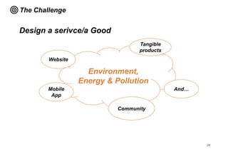 26
CHAPTER 2The Challenge
Environment,
Energy & Pollution
Design a serivce/a Good
Mobile
App
Website
Community
Tangible
pr...